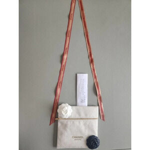 NEW CHANEL Makeup Bag Pouch Camellia Flower Glittered Ribbon Beige